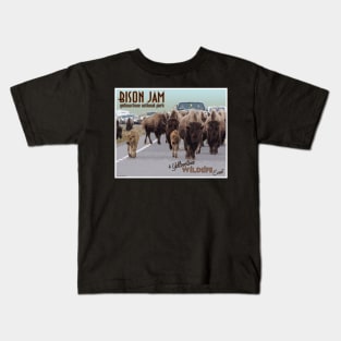 Bison Jam in Yellowstone National Park retro travel poster image Kids T-Shirt